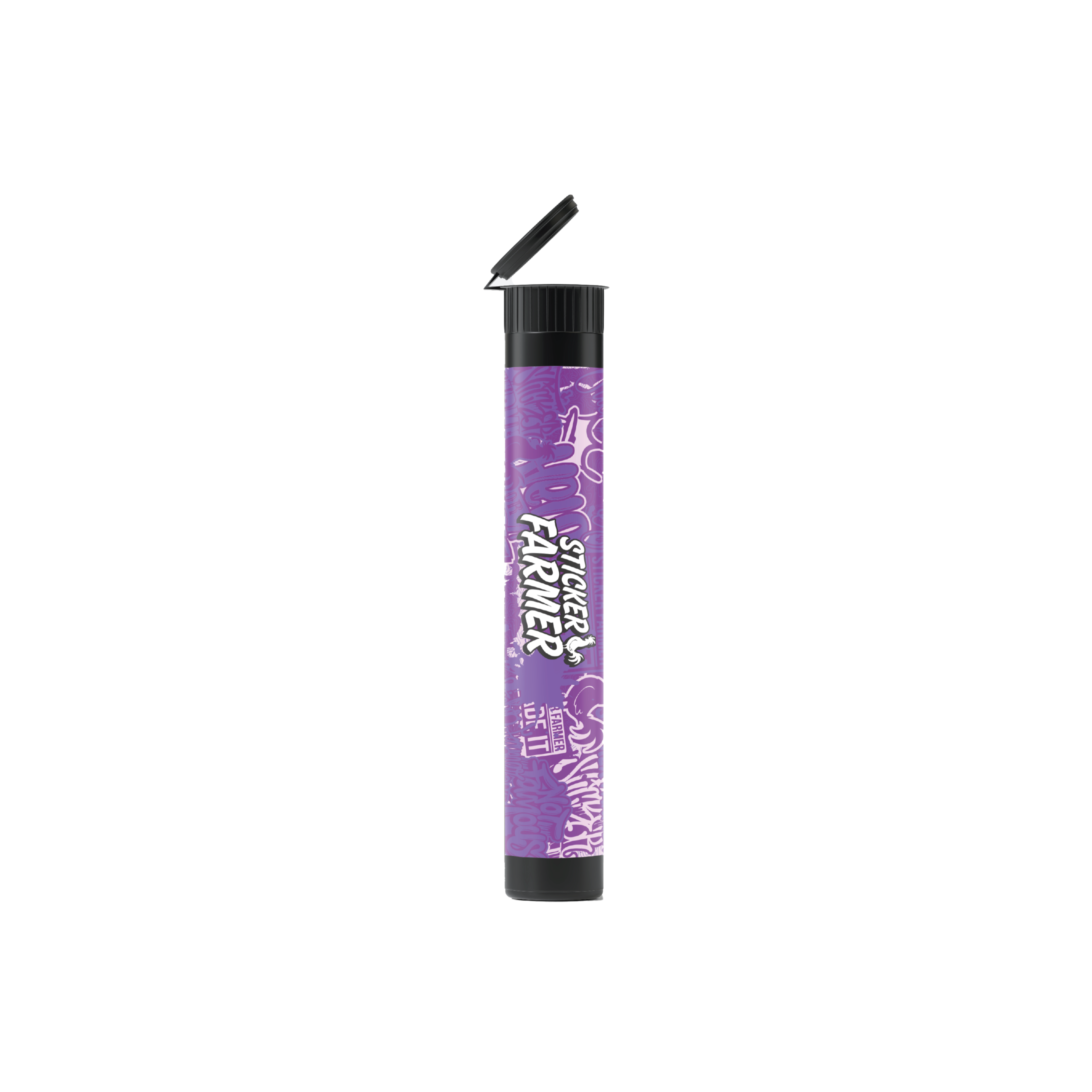 A purple 116mm pre-roll plastic tube with a custom label, featuring a pop-top lid.