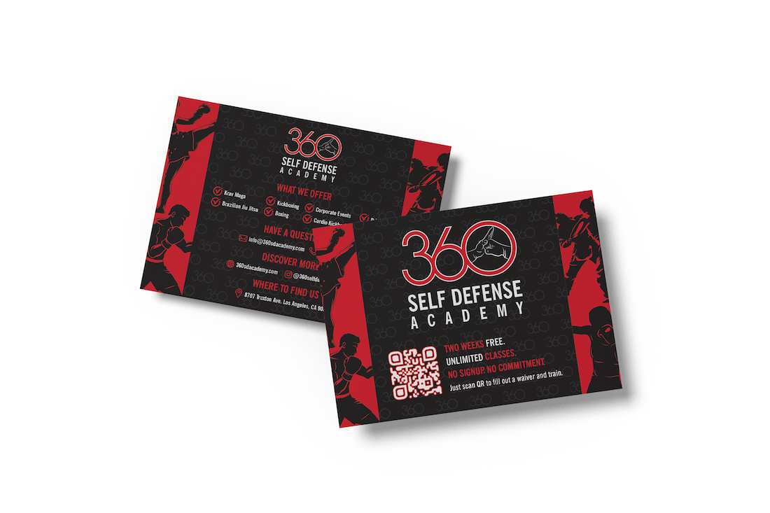 Front and back of postcard flyers for 360 Self Defense Academy on a white background