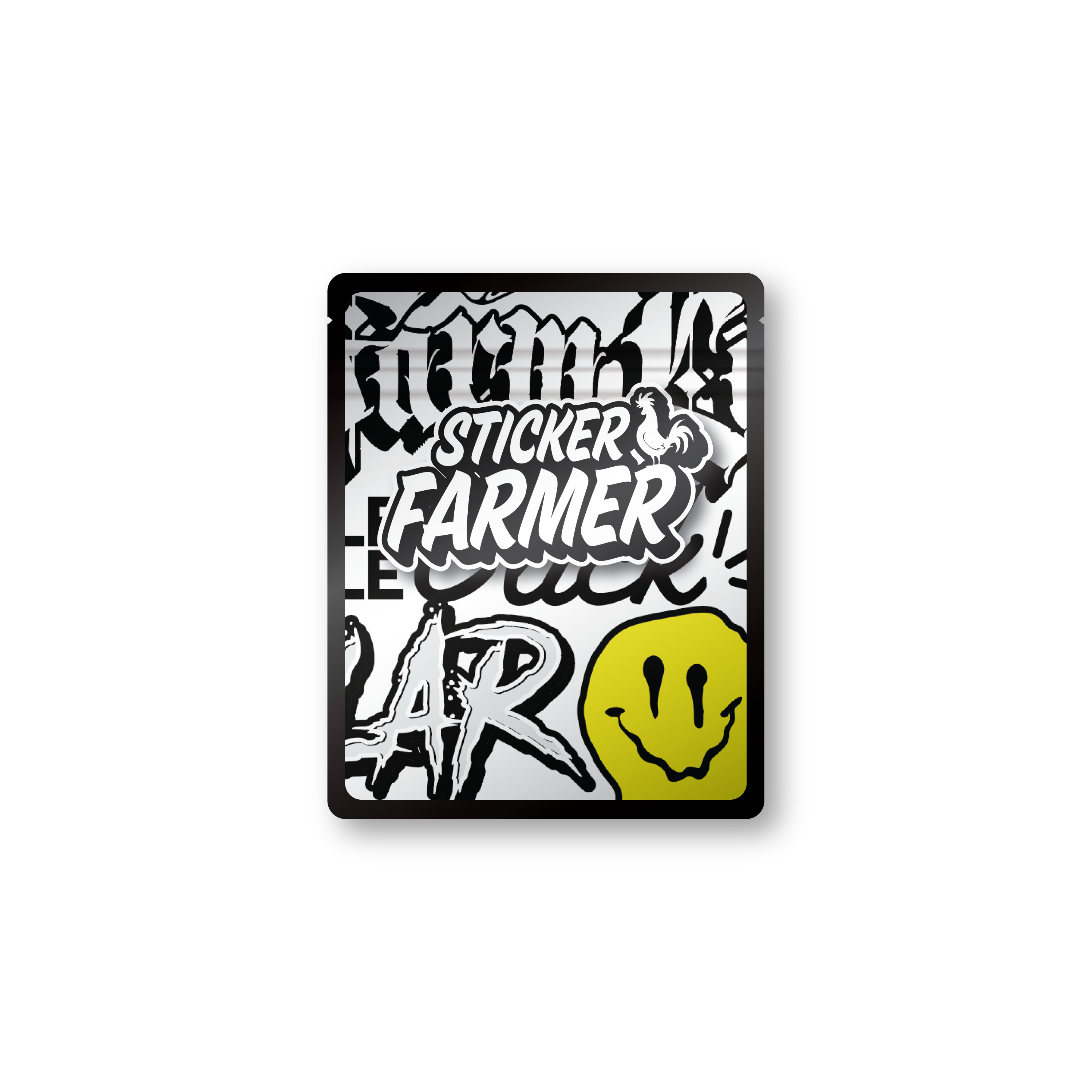 Sample custom printed 4x5 sticker bag with Sticker Farmer logo and bold pattern