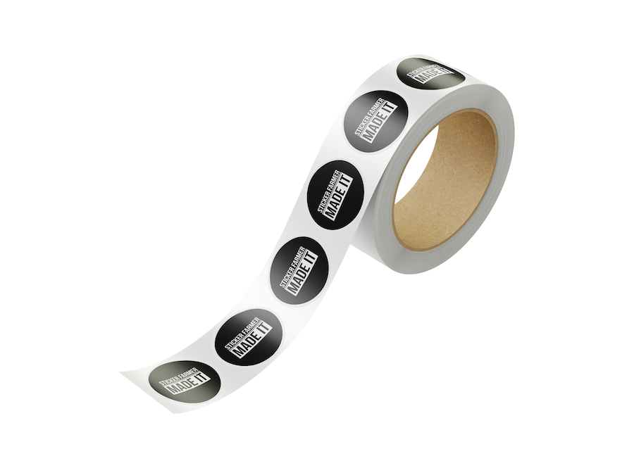 Roll of black Sticker Farmer labels with a white background