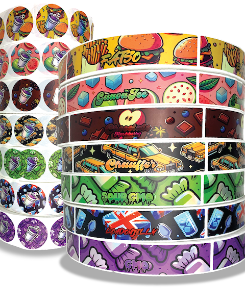 Full-color custom labels on rolls for food, beverage, and product packaging.