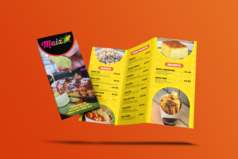 Custom trifold menu brochure design and print for Maizz restaurant