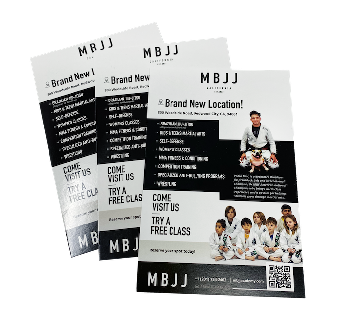 Promotional postcard flyers for MBJJ Jiu-Jitsu Academy