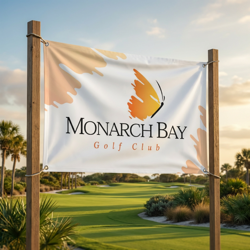 A custom vinyl banner for Monarch Bay Golf Club stretched between two wooden posts in front of a golf course.
