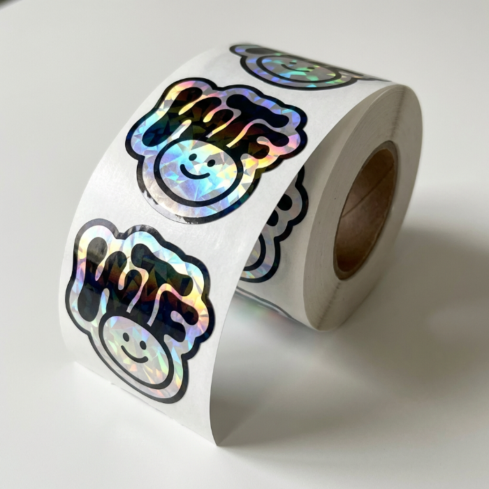 Custom prism roll labels featuring a rainbow reflective finish and die-cut smiley face design.