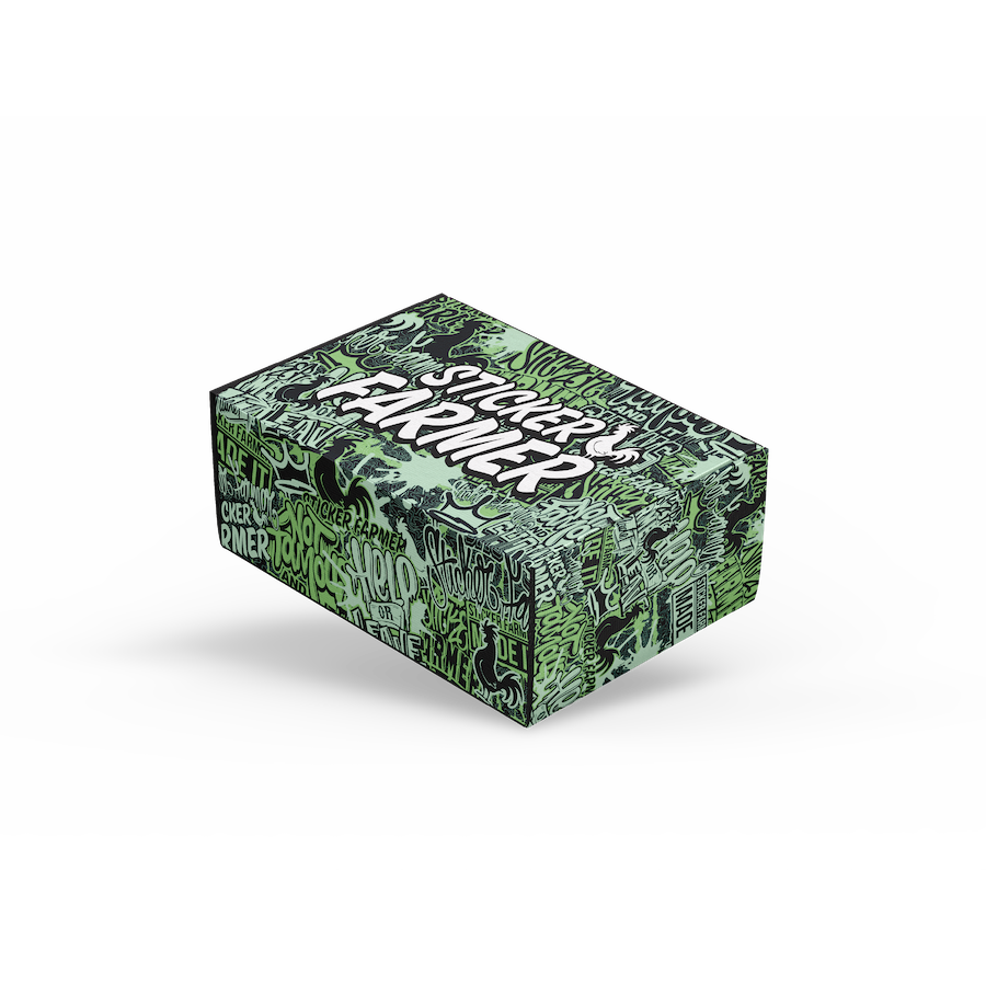 Custom printed mailer box with full-color branding, featuring graffiti-style artwork and bold logo design on all sides