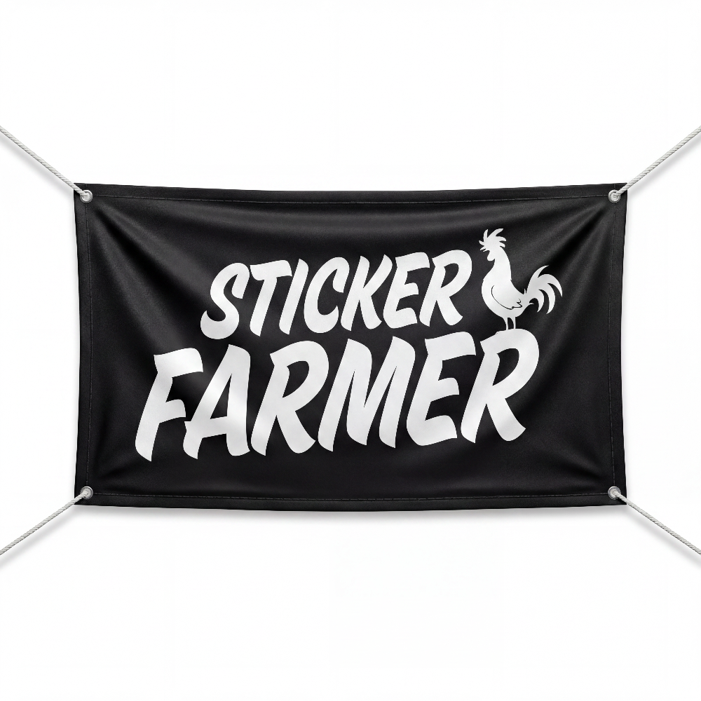 Black banner with 'Sticker Farmer' text and a rooster graphic on a white background