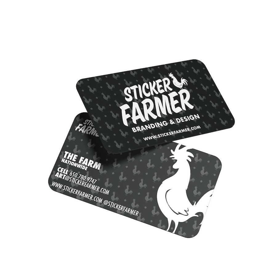 Front and back design of business cards with 'Sticker Farmer' branding on a white background