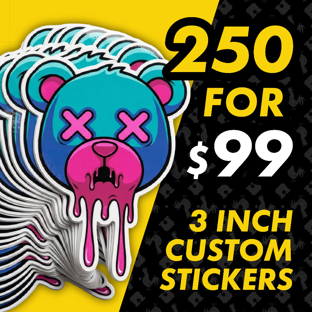 Sticker Farmer deal graphic for 250 custom 3-inch stickers for $99, featuring a stack of colorful die-cut bear stickers.