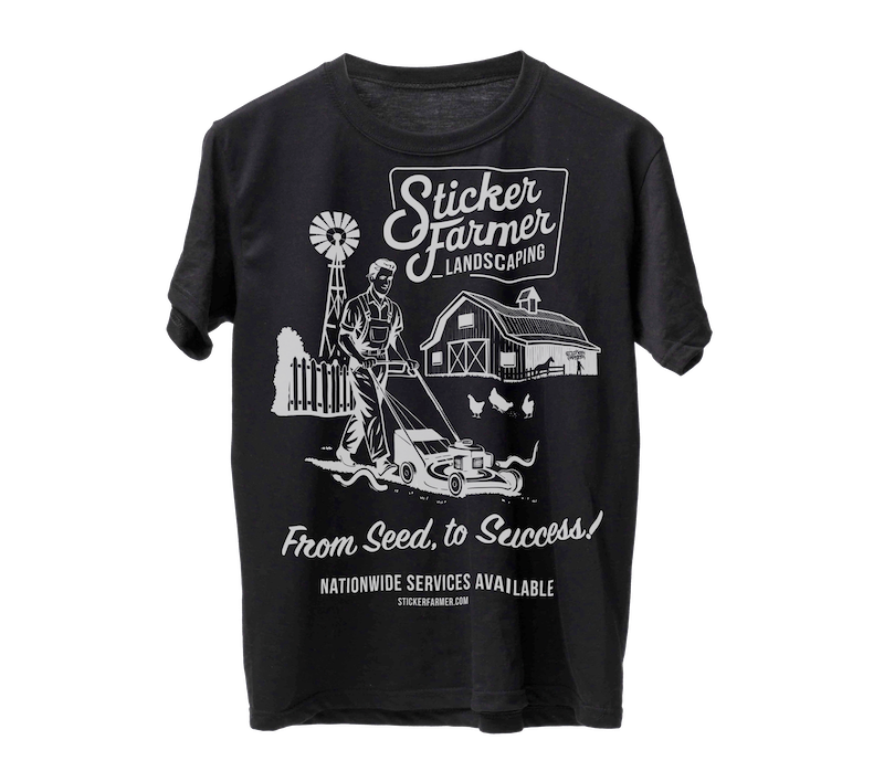 Custom-printed black T-shirt for Sticker Farmer