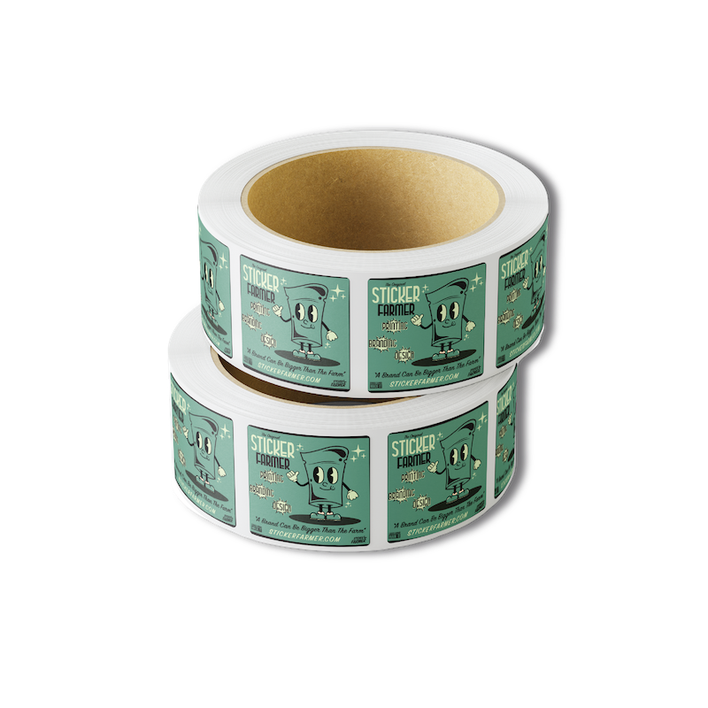 Sticker Farmer custom printed green square labels on a roll