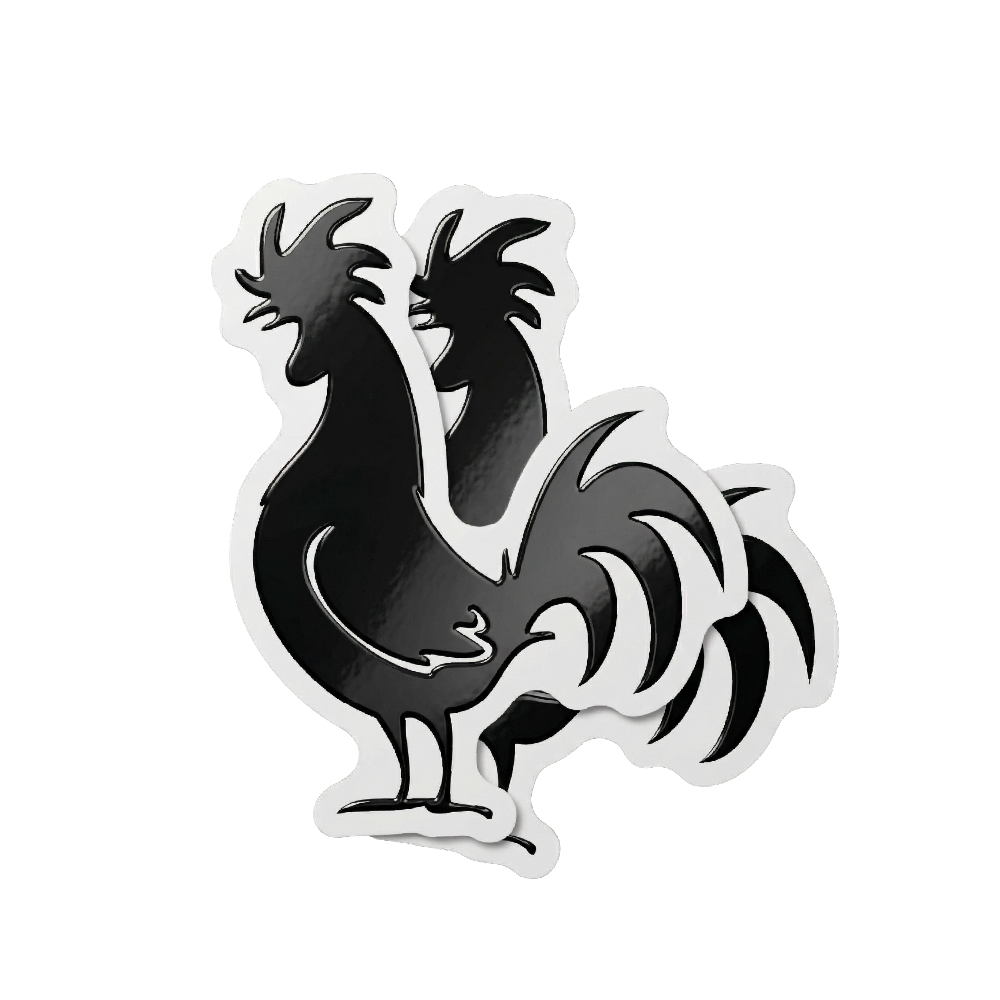Custom spot UV rooster sticker with glossy raised details on a black-and-white die-cut design.