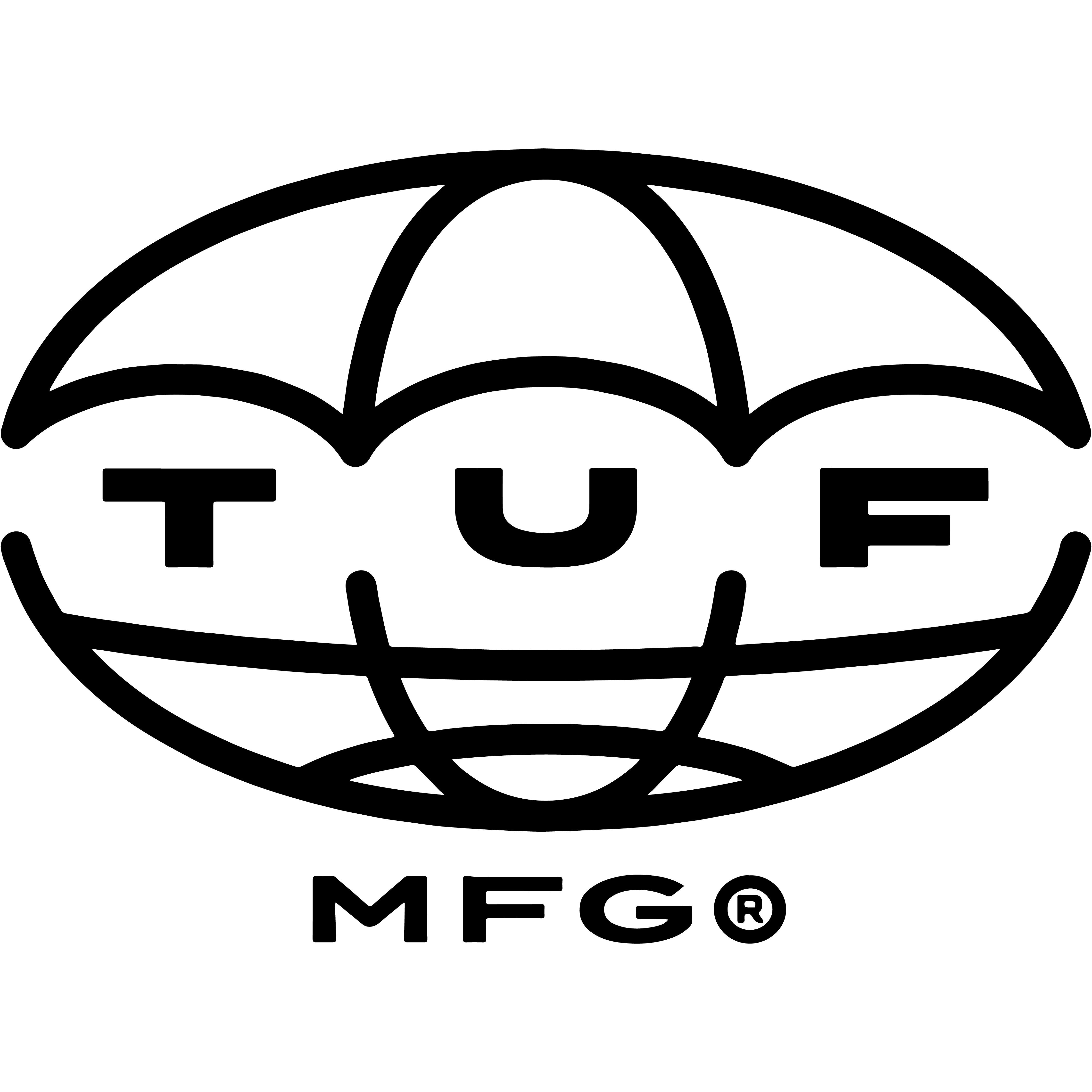 Black and white logo with 'TUF MFG' (The Umbrella Factory) text on a transparent background