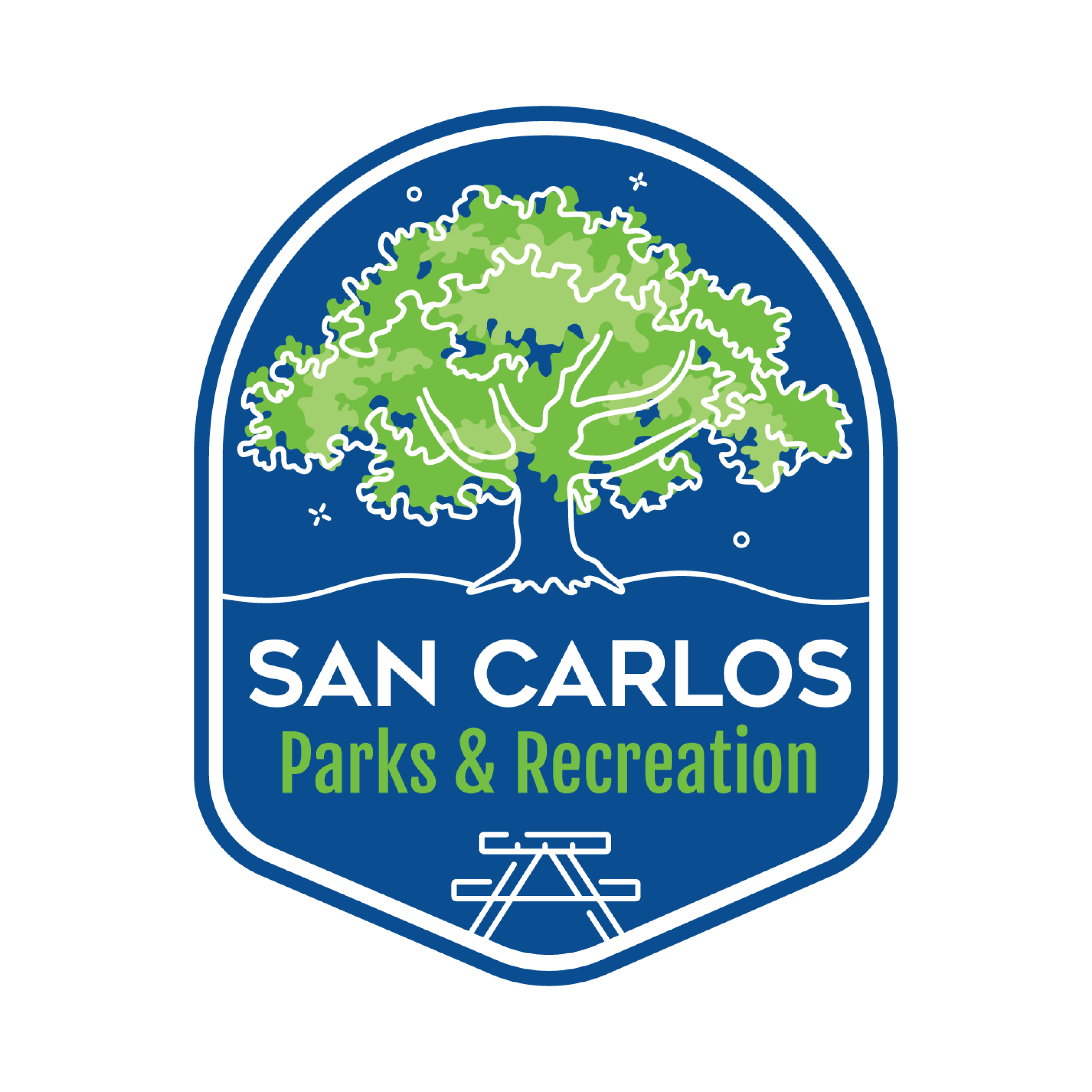Logo of San Carlos Parks & Recreation with a tree and picnic table design.