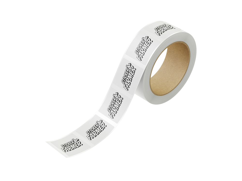 Roll of rectangle white labels with Sticker Farmer logo on a white background