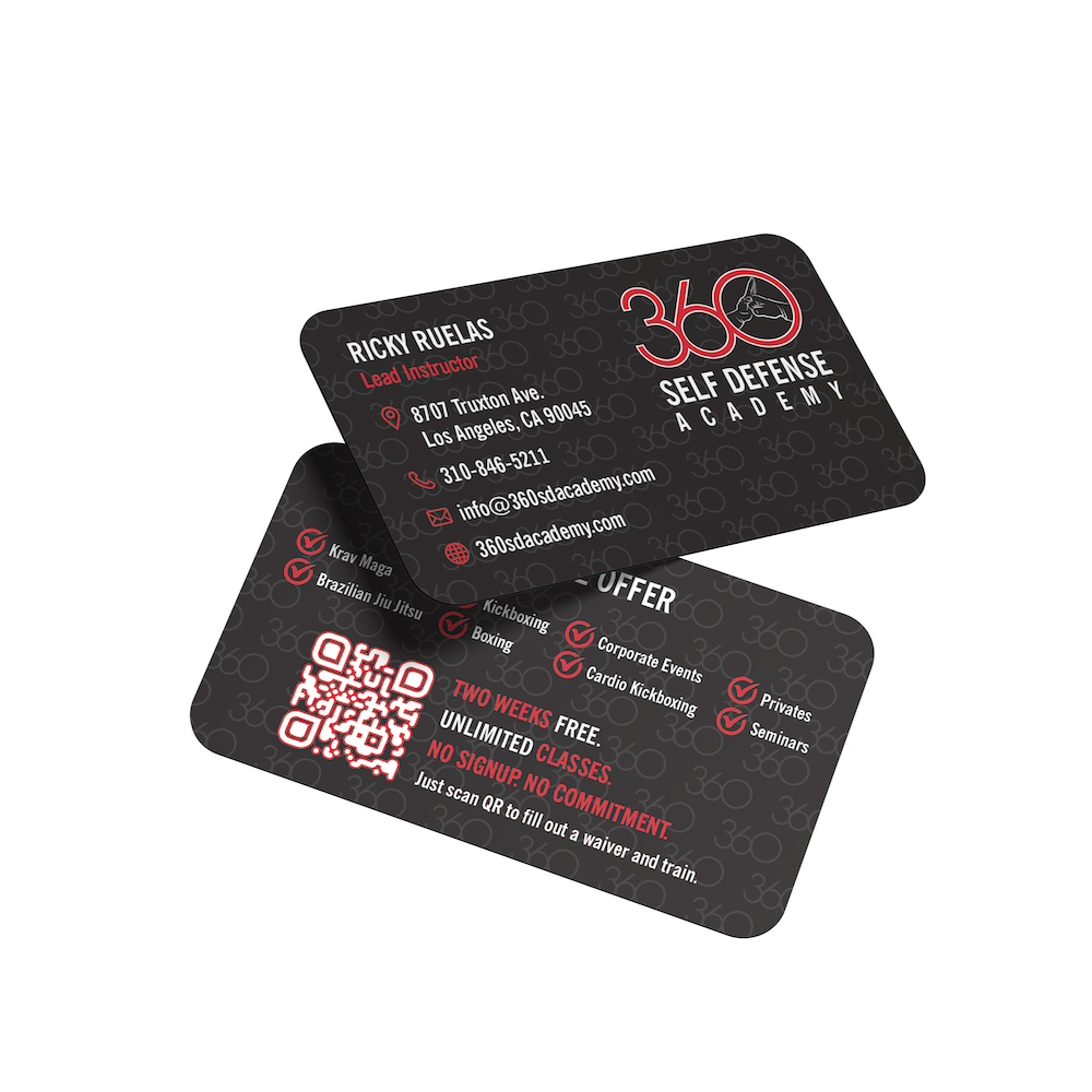 Custom business cards for 360 Self Defense Academy featuring contact details and QR code