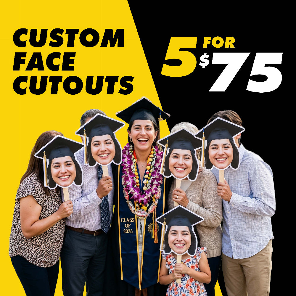 Sticker Farmer deal graphic for 5 custom face cutouts for $75, featuring a graduation group holding face cutout signs.