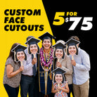 Sticker Farmer deal graphic for 5 custom face cutouts for $75, featuring a graduation group holding face cutout signs.