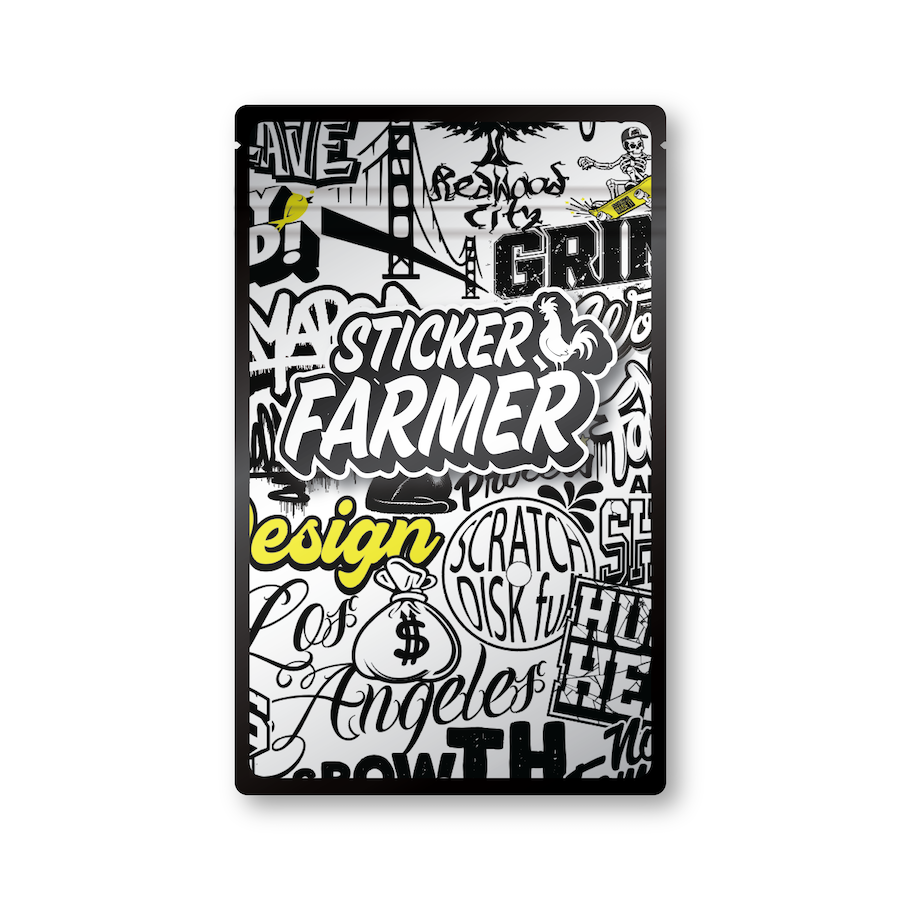 Sticker Farmer 5x8 custom sticker bag with graffiti-style black and yellow design