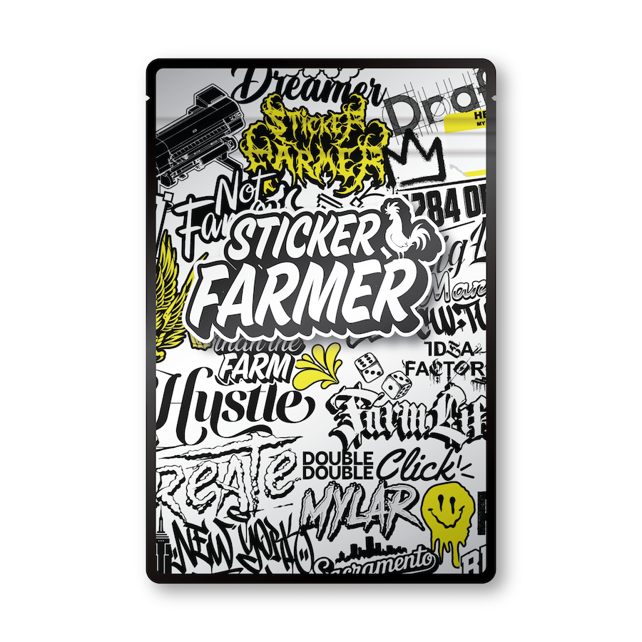 Custom printed 6x9 mylar sticker bag with Sticker Farmer logo and design