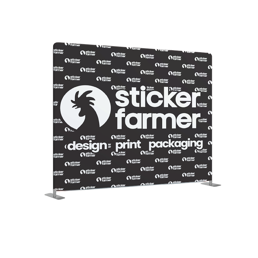 Sticker Farmer promotional backdrop with branding on a white background