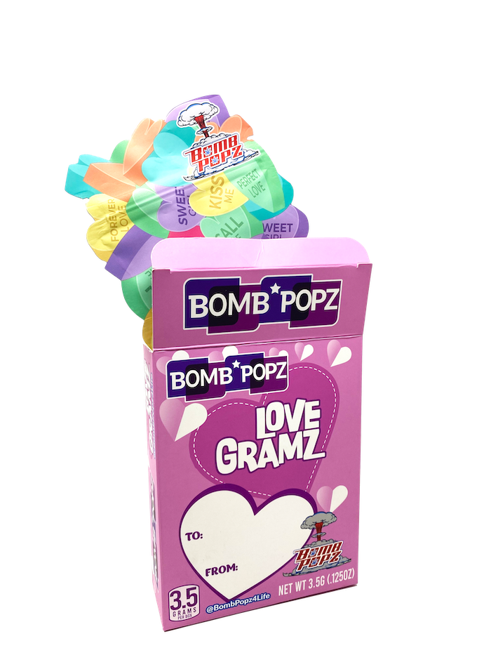 Custom mylar bag and box design for Bomb Popz Love Gramz