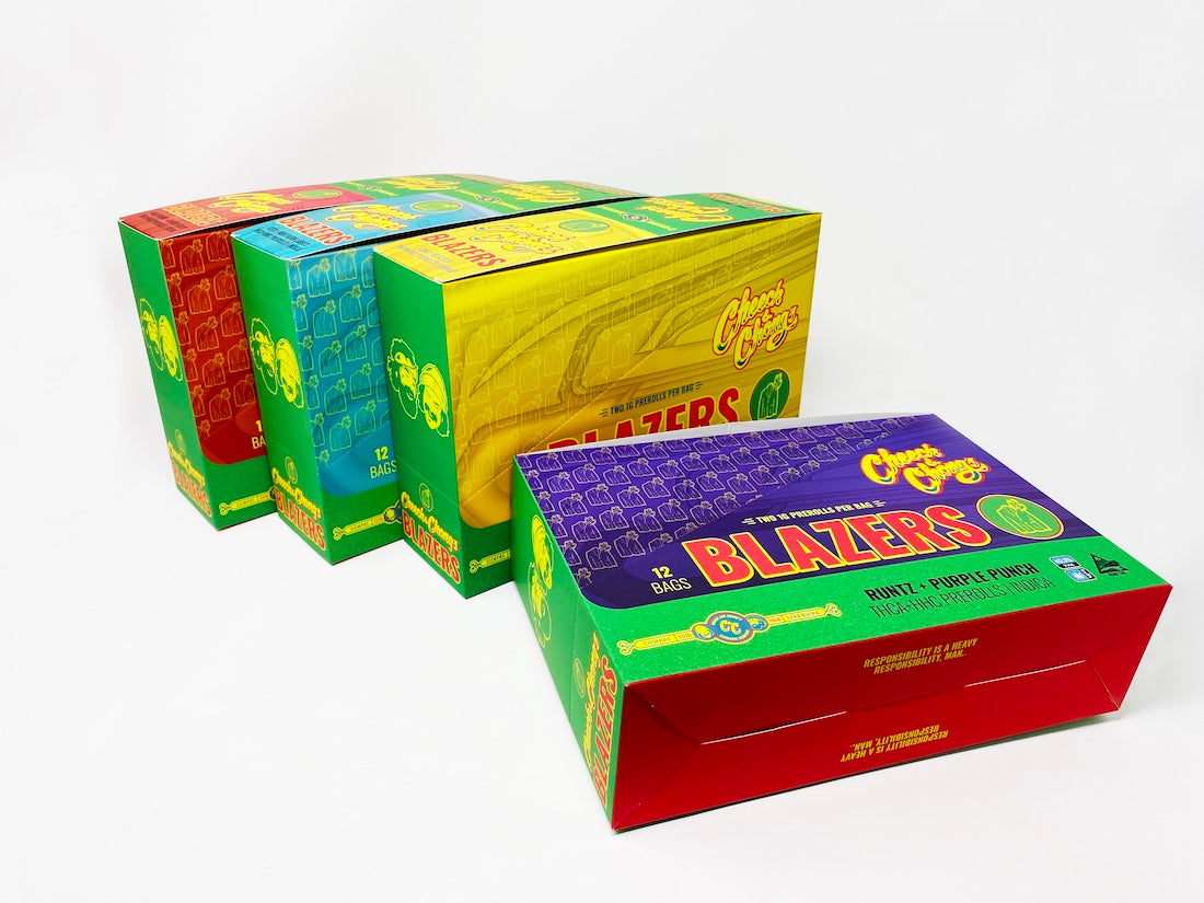 Cheech & Chong Blazers custom packaging boxes in red, blue, yellow, and purple designs