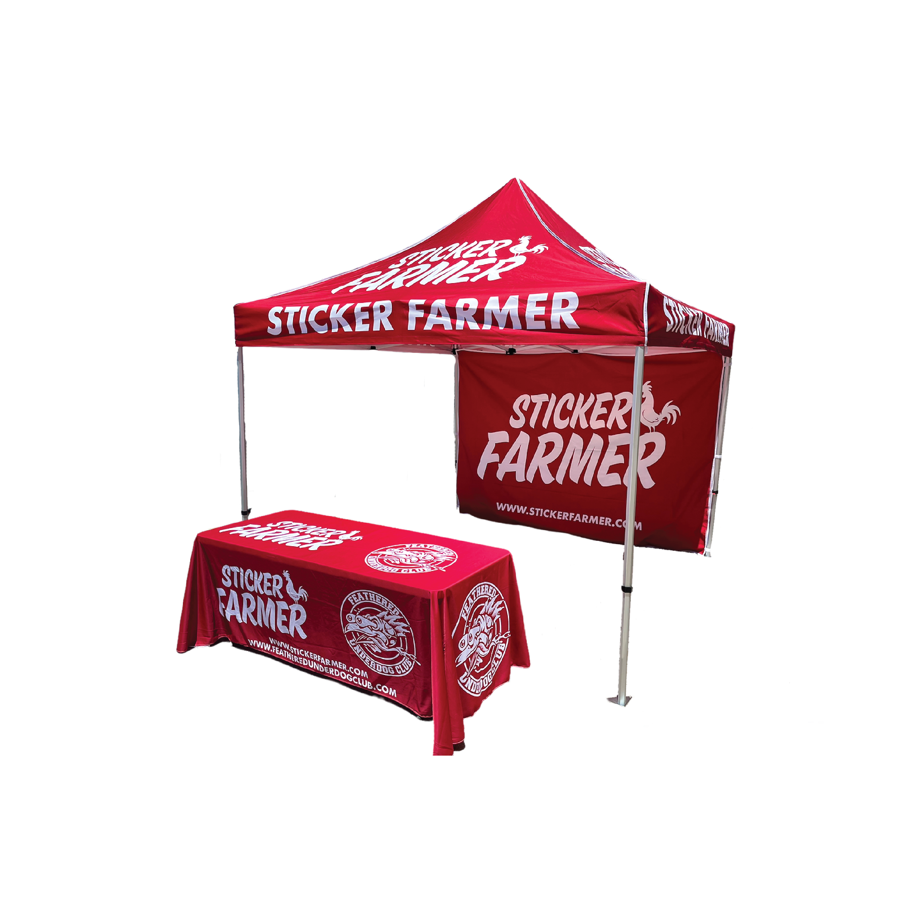 Branded promotional items, including a custom printed 10x10 canopy tent and tablecloth, perfect for trade shows, markets, and events.