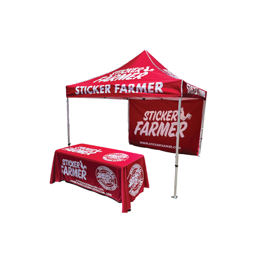 Branded promotional items, including a custom printed 10x10 canopy tent and tablecloth, perfect for trade shows, markets, and events.
