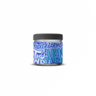 Jar with full-wrap blue and white label on a white background