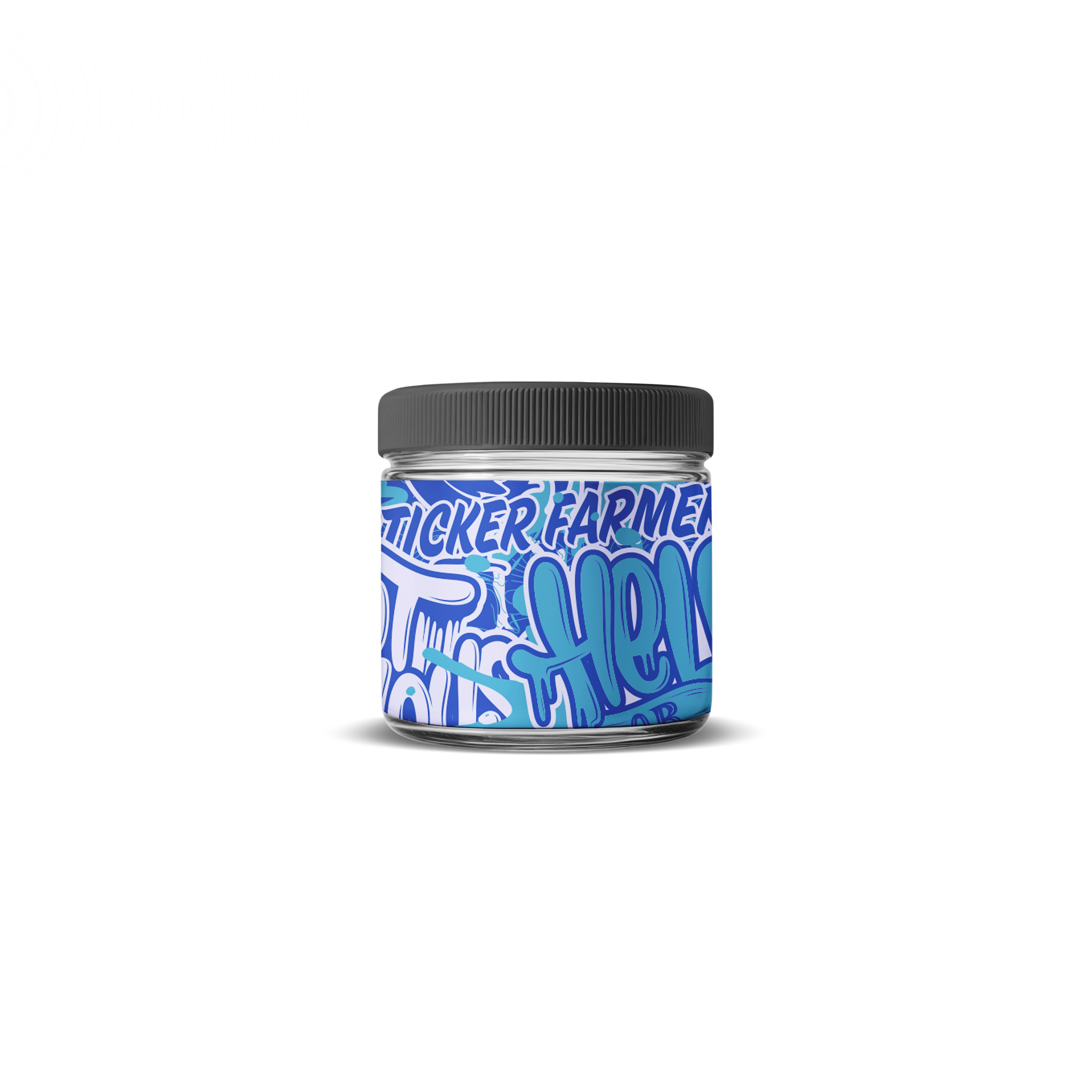 Jar with full-wrap blue and white label on a white background