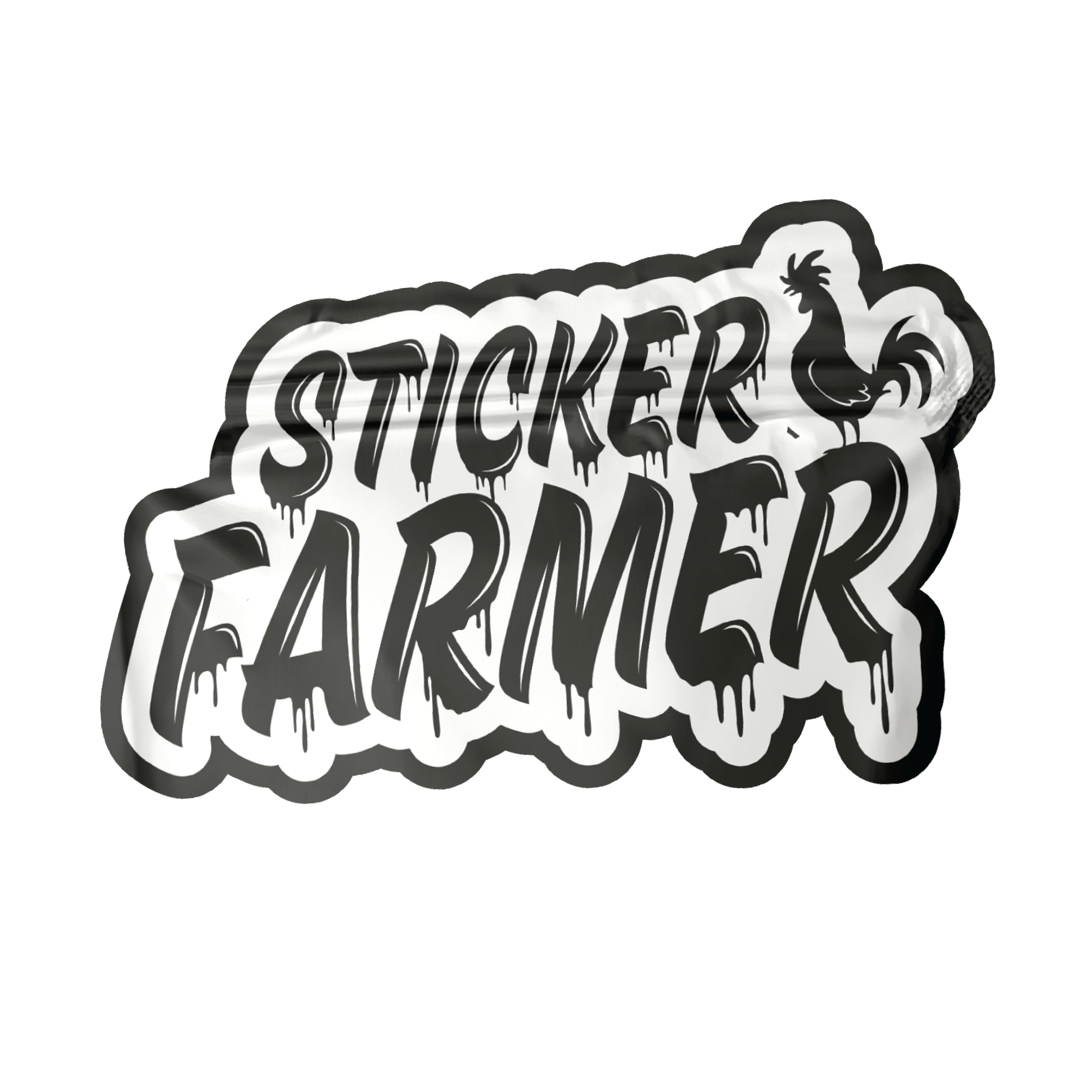 Custom direct print bag featuring the Sticker Farmer logo in a black and white drip-style design, ideal for branded packaging.