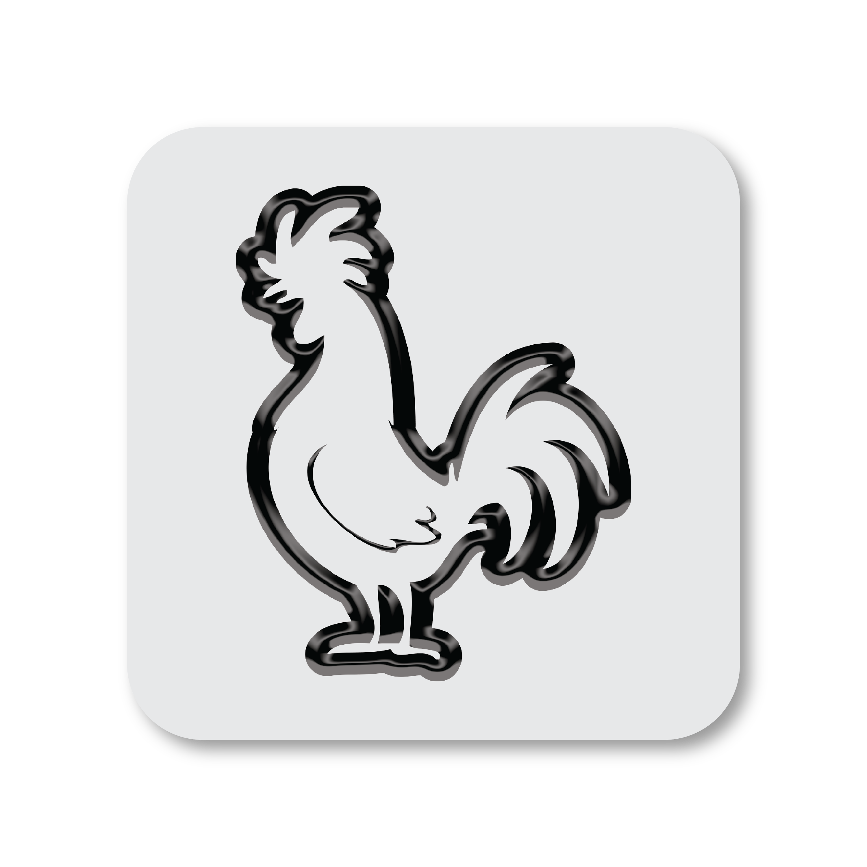 Gloss spot UV sticker of a custom rooster design with embossed texture on a white background.