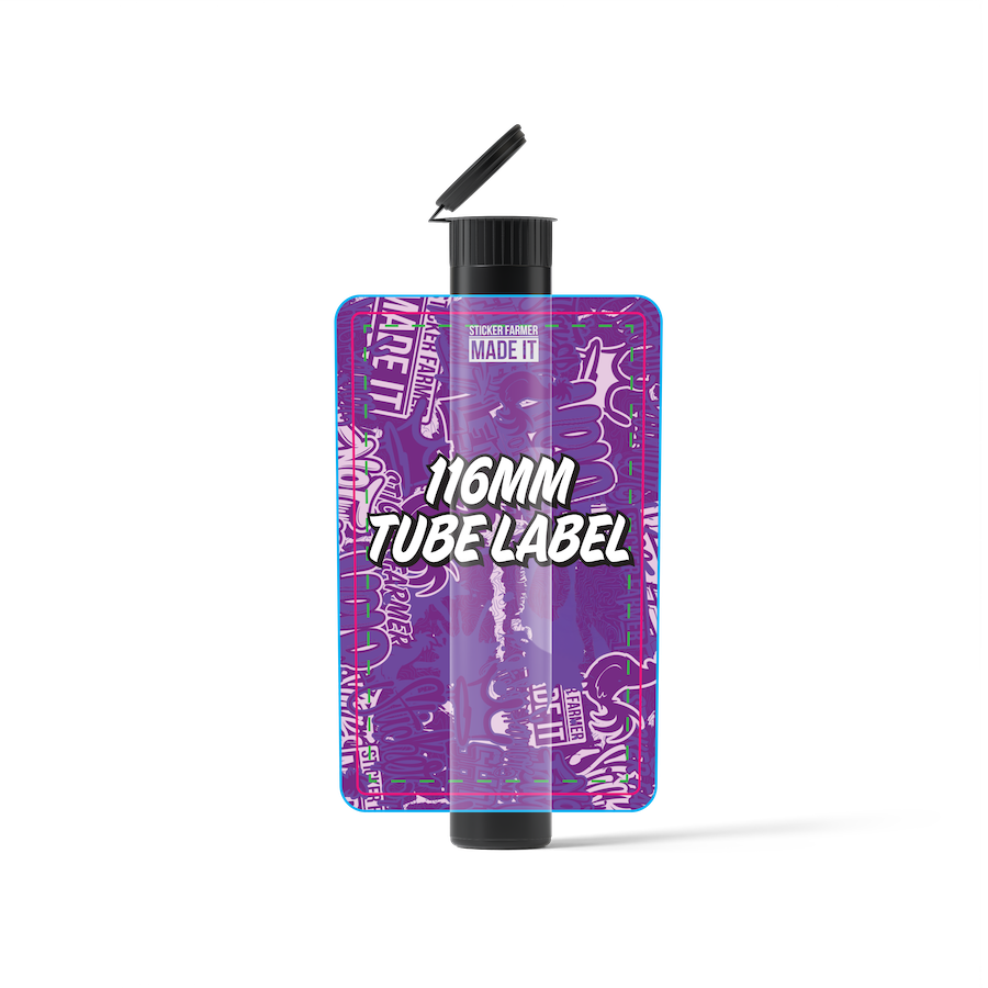 Purple pre-roll tube label with text on a white background