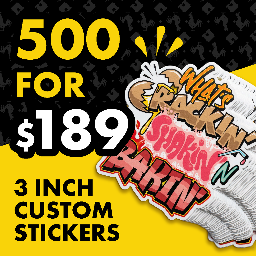 Promotional graphic from Sticker Farmer for 500 custom 3-inch stickers for $189, featuring a stack of die-cut stickers on a black and yellow background.