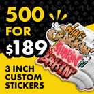 Promotional graphic from Sticker Farmer for 500 custom 3-inch stickers for $189, featuring a stack of die-cut stickers on a black and yellow background.