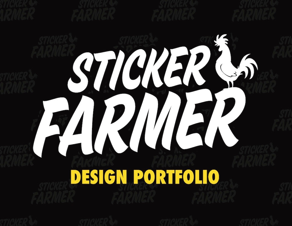 Sticker Farmer Design Portfolio cover with white logo and yellow text on black background