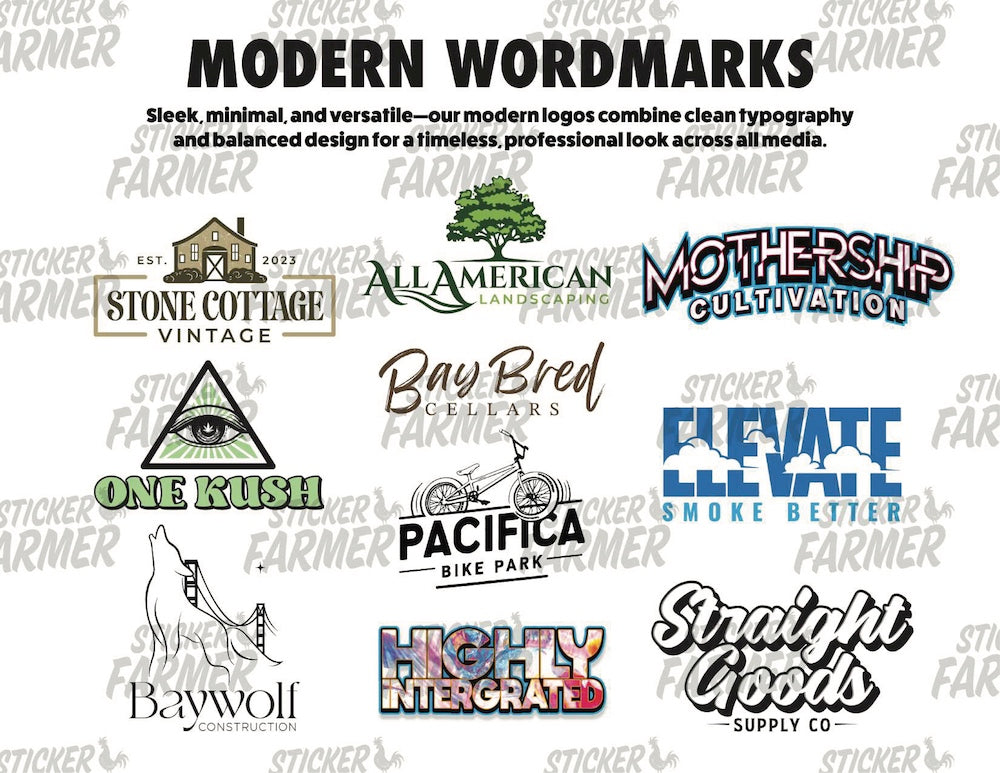 Page 1 of Sticker Farmer modern wordmark logo portfolio featuring clean typography designs