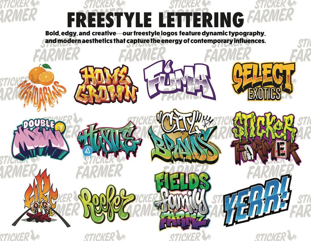 Sticker Farmer custom typography designs with bold and creative lettering styles