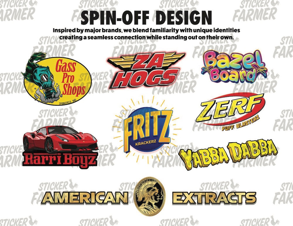 Sticker Farmer spin-off design portfolio featuring parody and brand-inspired logos