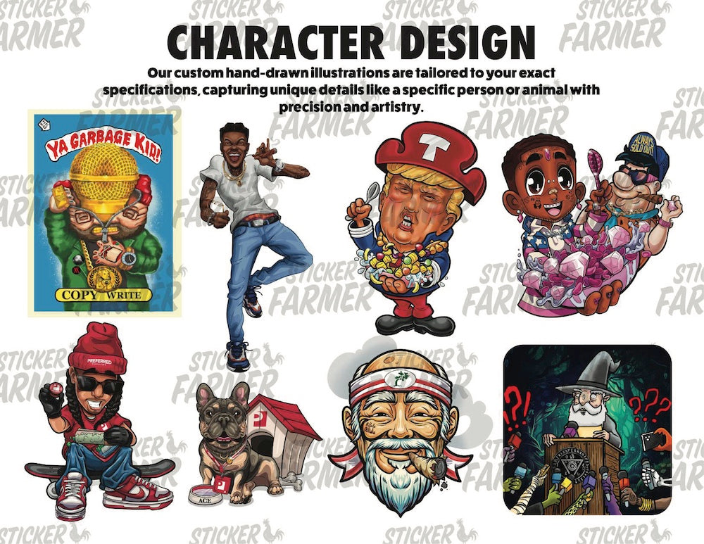 Character design portfolio from Sticker Farmer highlighting detailed custom illustrations