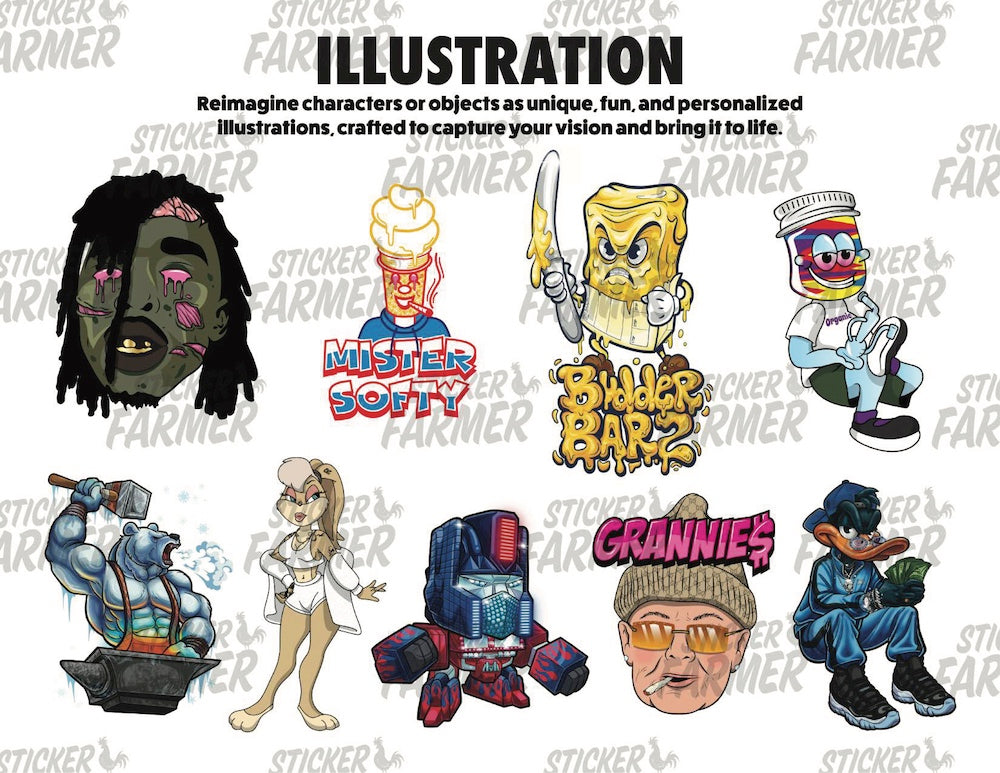 Sticker Farmer custom illustration examples featuring colorful character artwork