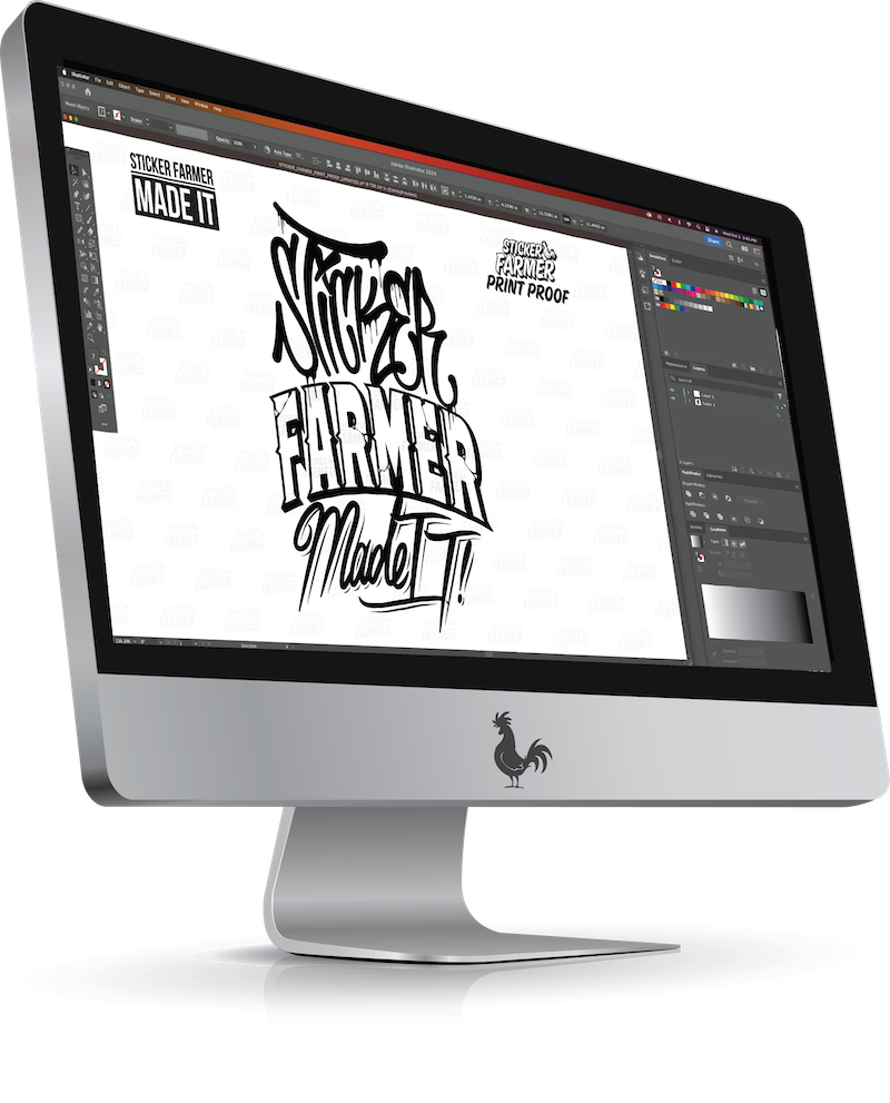 Sticker Farmer digital artwork mockup shown on desktop monitor in design software