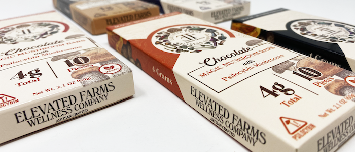 Custom chocolate bar packaging design for Elevated Farms Wellness Company