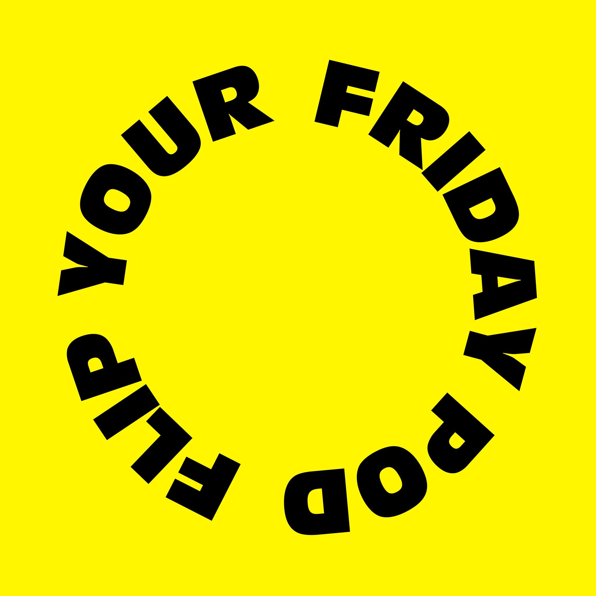 Bright yellow cover for Flip Your Friday Podcast, a weekly show focused on creativity, branding, and community spotlights.