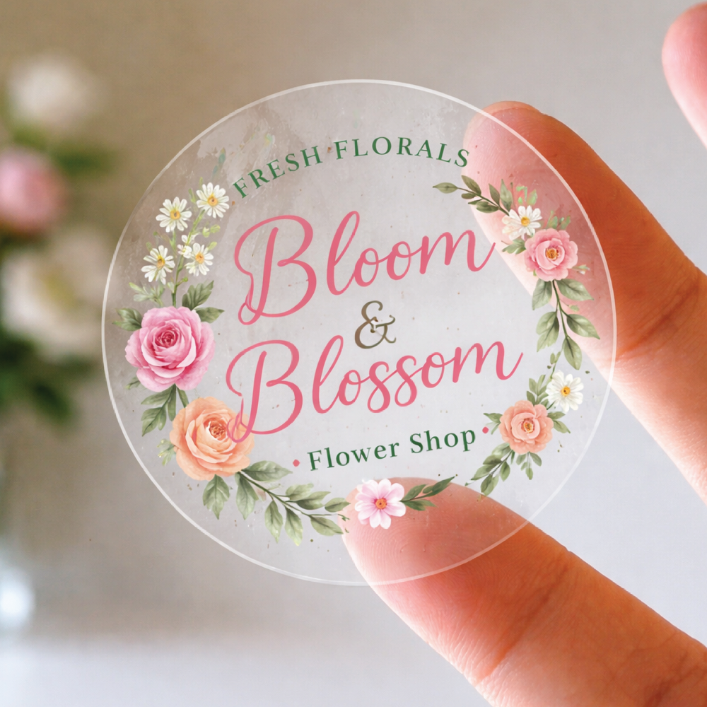 Custom clear circular sticker with 'Bloom & Blossom Flower Shop' text and floral designs held by a hand.