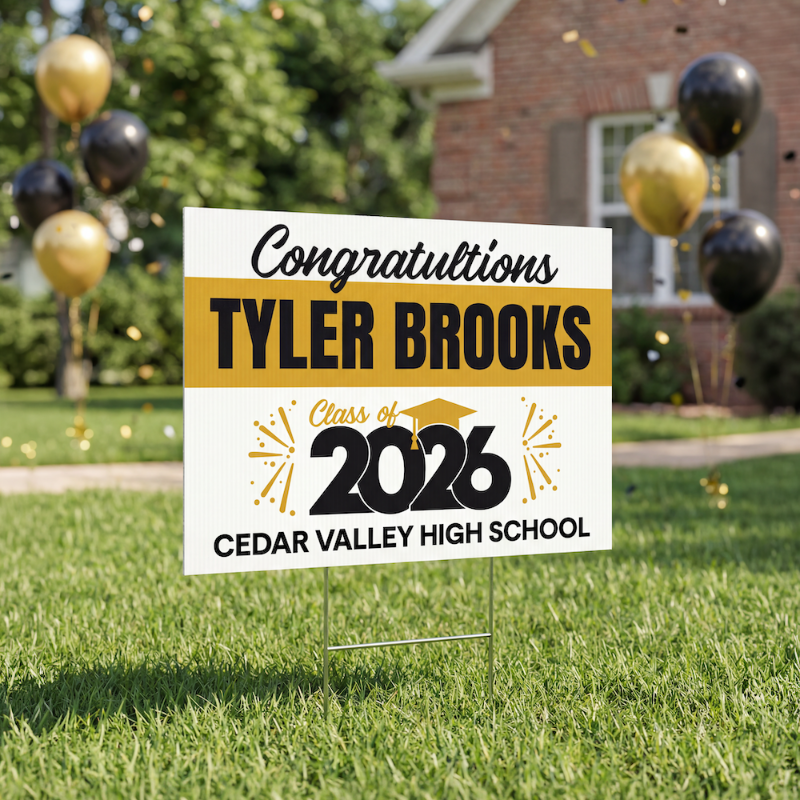 Graduation-themed yard sign on grass with balloons in the background