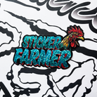 Glitter sticker with 'Sticker Farmer' text and a rooster design on a black and white abstract background.