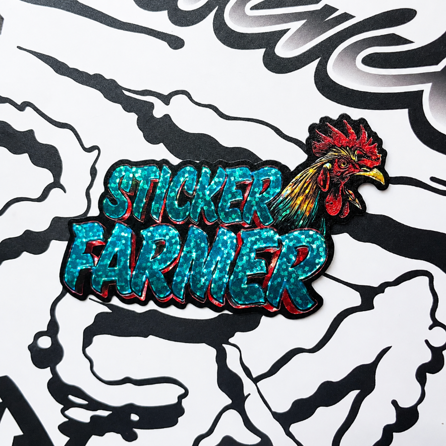 Glitter sticker with 'Sticker Farmer' text and a rooster design on a black and white abstract background.