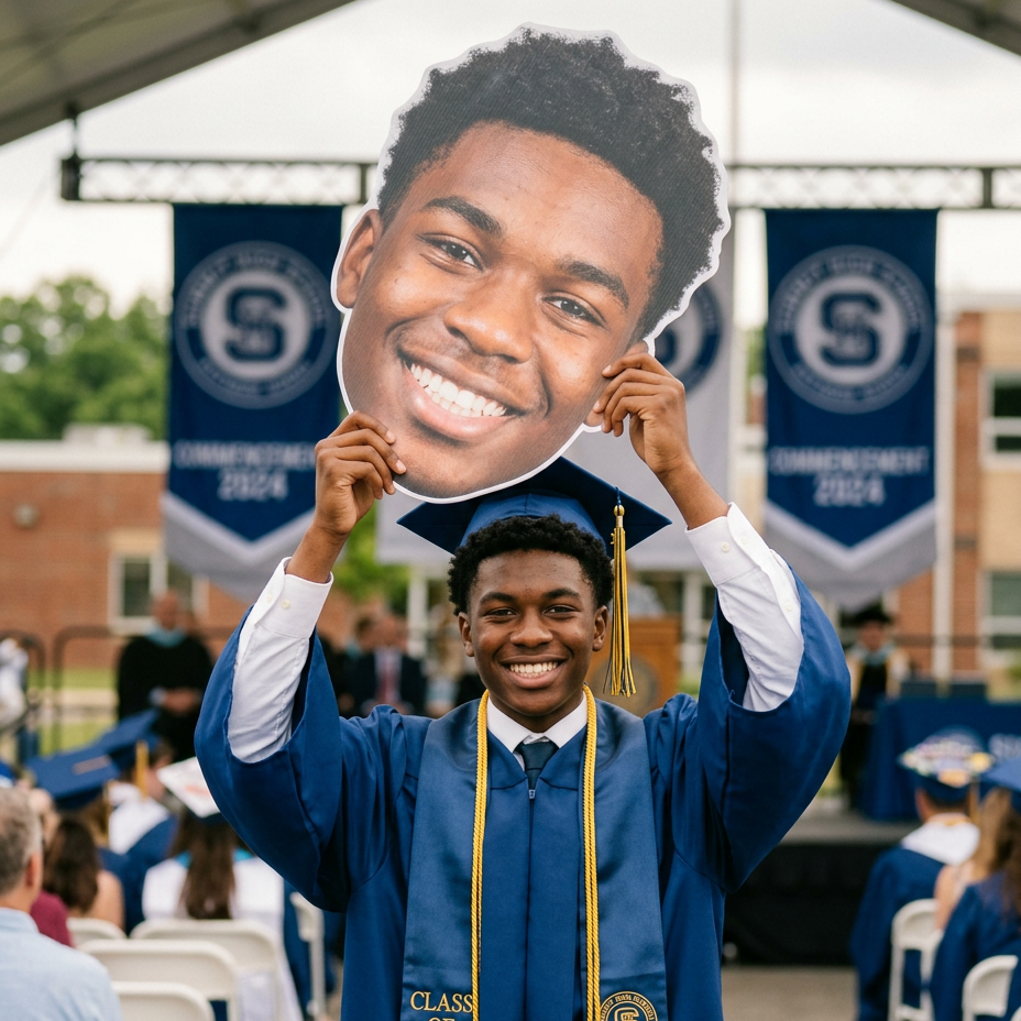 Graduate holding a cutout of his face with a school logo in the background